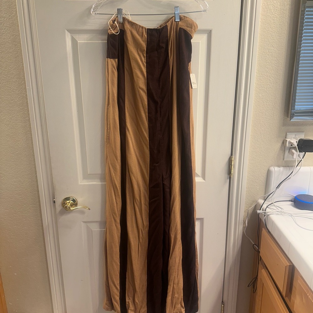 Striped Brown and Tan Strapless Jumpsuit